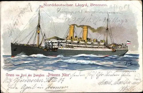Künstler Litho Dampfer Prinzess Alice, Norddeutscher Lloyd