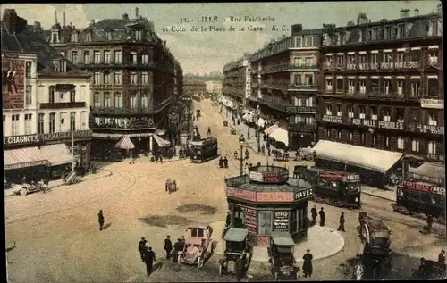 Ak Lille Nord, Rue Faidherbe et Coin de la Place de la Gare