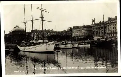 Ak Le Havre Seine Maritime, Bassin du Commerce, au fond le Théâtre