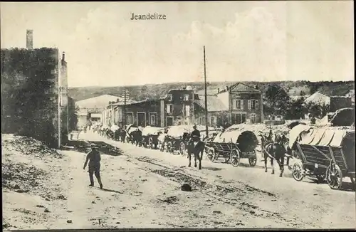 Ak Jeandelize Lothringen Meurthe et Moselle, zerstörte Häuser, Fuhrwerk Kolonne