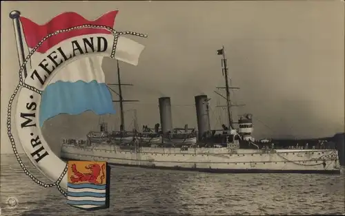Ak Niederländisches Kriegsschiff, Hr. Ms. Zeeland, Flagge, Wappen