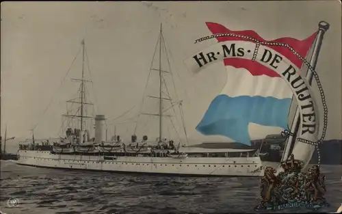 Ak Niederländisches Kriegsschiff, Hr. Ms. De Ruijter, Flagge, Wappen