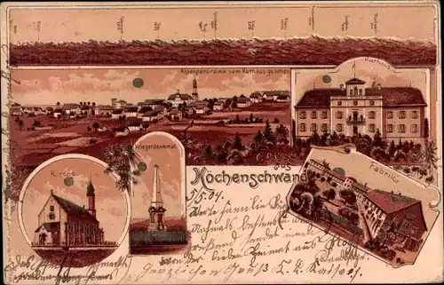 Litho Höchenschwand im Schwarzwald, Gesamtansicht, Kurhaus, Fabrik, Kriegerdenkmal, Kirche