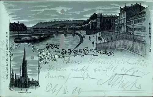 Mondschein Litho St. Johann Saarbrücken im Saarland, Teilansicht mit Brücke, Johanniskirche