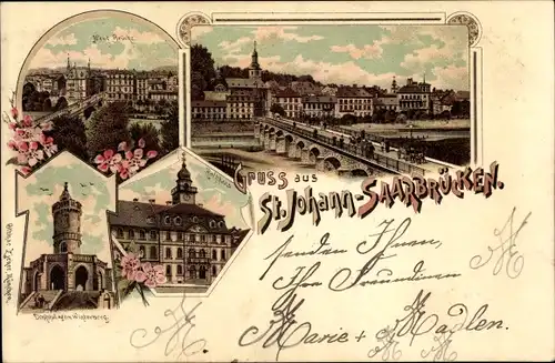 Litho St. Johann Saarbrücken im Saarland, Neue Brücke, Denkmal, Rathaus