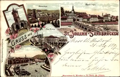 Litho St. Johann Saarbrücken im Saarland, Winterbergdenkmal, Neue Brücke, Ehrenthal