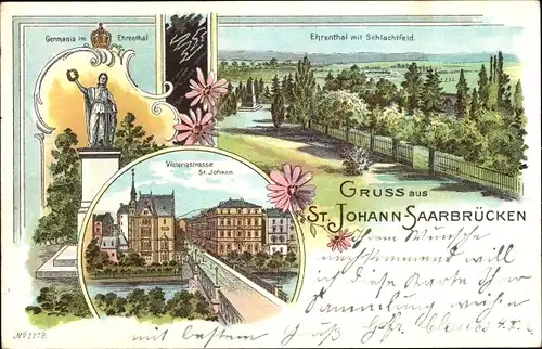 Litho St. Johann Saarbrücken im Saarland, Germania im Ehrenthal, Schlachtfeld, Victoriastraße