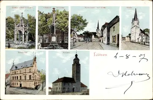 Ak Lützen im Burgenlandkreis, Gustav Adolf Denkmal, Wilhelmstraße mit Kirche, Ratskeller, Schloss
