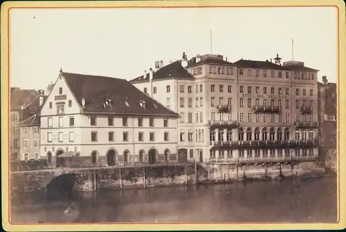Kabinett Foto Basel Bâle Stadt Schweiz, Rheinbrücke mit Klein Basel, Hotel, 1880