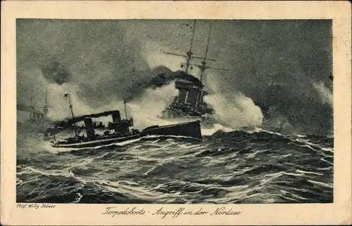 Künstler Ak Stöwer, W., Torpedoboots-Angriff in der Nordsee