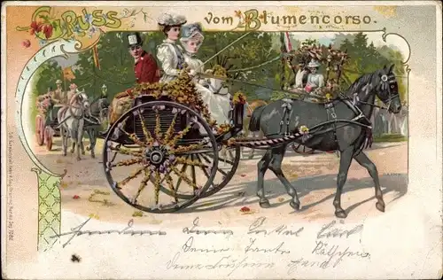 Litho Gruß vom Blumencorso, Kutsche