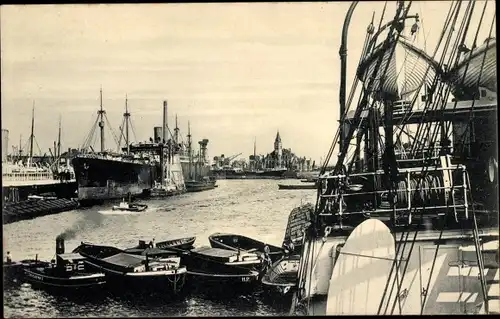 Ak Hamburger Hafen, Kaiser Wilhelm Hafen, Verwaltungsgebäude der HAPAG, Dampfer