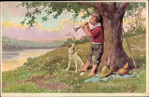 Künstler Ak Feiertag, K., Junge Flöte spielend, Hund, Baum