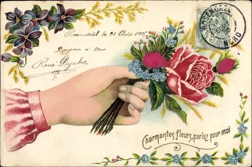 Stoff Präge Litho Charmantes fleurs, parlez pour moi, Frauenhand, Blumen,Rose, Vergissmeinnicht
