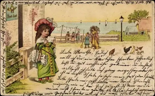 Litho Elegantes Mädchen liest einen Brief, Hühner