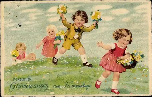 Ak Glückwunsch Namenstag, Kinder mit Blumen auf einer Wiese
