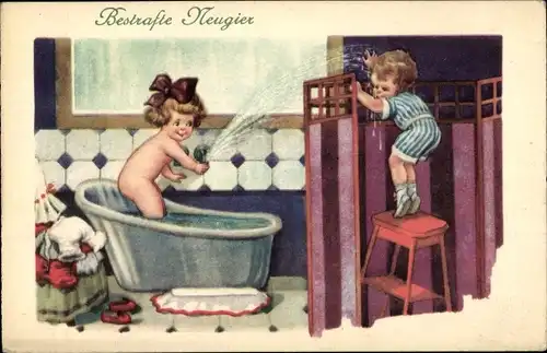 Ak Bestrafte Neugier, Mädchen spritzt Jungen nass, Badewanne