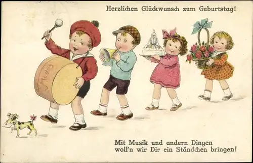 Ak Glückwunsch Geburtstag, Kinder mit Trommel, Blumen, Kuchen