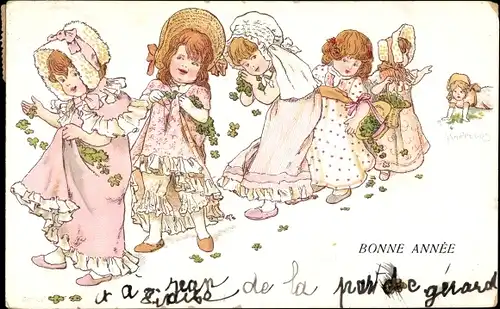 Litho Glückwunsch Neujahr, Mädchen streuen Kleeblätter