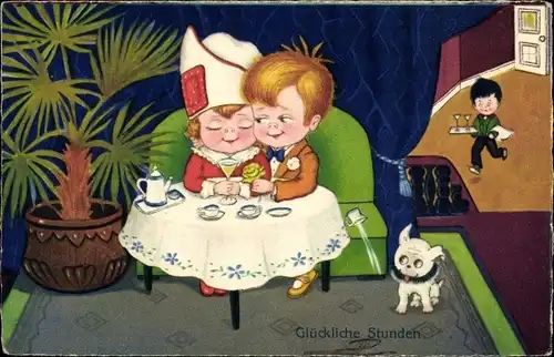 Künstler Ak Liebspaar zu Tisch, Sekt, Hund, Glückliche Stunden