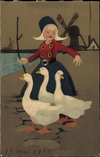 Ak Mädchen in niederländischer Tracht mit Gänsen, Gänsehirtin, Windmühle