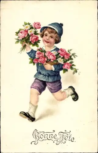 Ak Glückwunsch, Bonne Fete, Junge mit Rosen