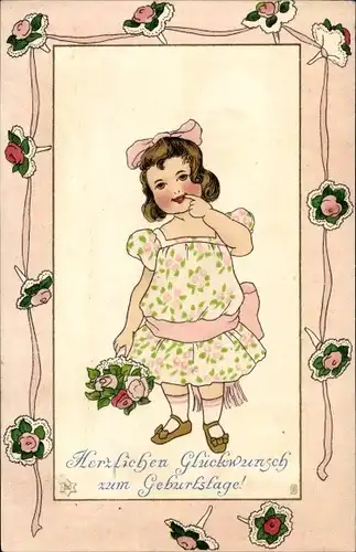 Ak Glückwunsch Geburtstag, Mädchen mit Blumenstrauß