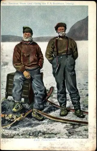 Ak Zwei Polarfahrer, Sverdrup, Neues Land, F. A. Brockhaus