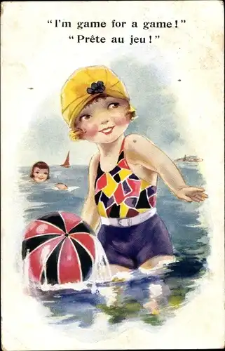 Ak I'm game for a game, Mädchen im Badeanzug mit Wasserball