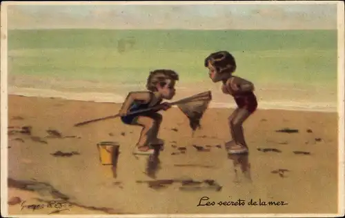 Künstler Ak Redon, Les secrets de la Mer, Kinder am Strand, Fischernetz