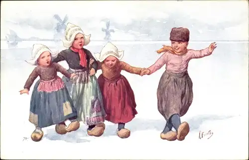 Künstler Ak Feiertag, K., Kinder in niederländischer Tracht, Im Hintergrund Windmühlen