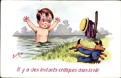 Künstler Ak King, Bob, Hund klaut Hose von badendem Jungen