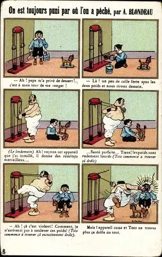 Künstler Ak Blondeau, A-. On est toujours puni par ou l'on a peche, Mann am Fitnessgerät