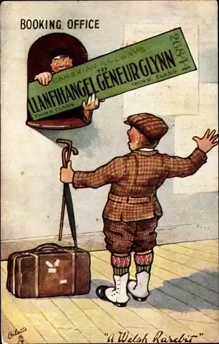 Künstler Ak A Welsh Rarebit, Railway Ticket to Llanfihangel...