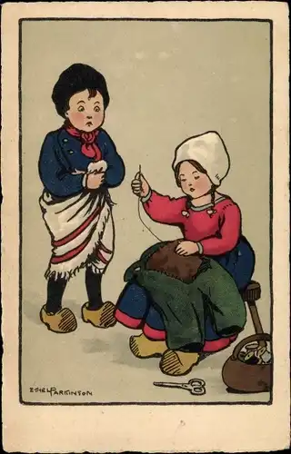 Künstler Ak Parkinson, Ethel, Nähendes Mädchen und Junge in niederländischen Trachten