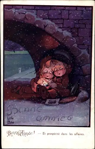Künstler Ak Little Pitche, Glückwunsch Neujahr, Armes Paar im Schnee unter einer Brücke