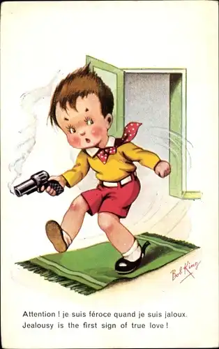 Künstler Ak King, Bob, Jealousy is the first sign of true love, Junge mit rauchendem Revolver