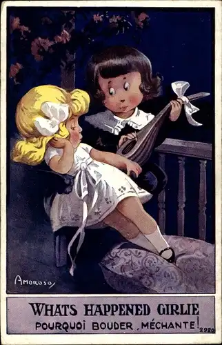 Künstler Ak Amoroso, Whats happened girlie, blondes Mädchen, Junge mit Laute
