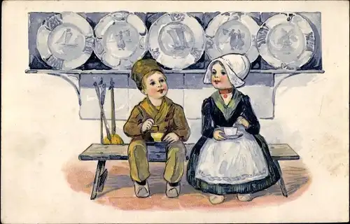 Präge Ak Kinder in niederländischen Trachten, Kaffeemühle