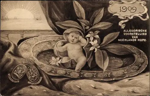 Ak Niederlande, Allegorische Voorstelling van Neerlands Hope 1909, Kind, Blumen, Sonnenschein