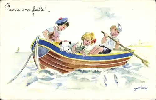 Künstler Ak Janser, Kinder im Ruderboot, Hund, Verängstigtes Mädchen