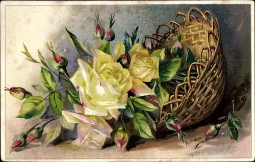 Präge Ak Gelbe Rosen im Korb