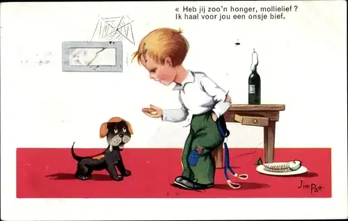 Künstler Ak Patt, Jim, Mon pauvre vieux, Kind, Hund, Spinnennetz