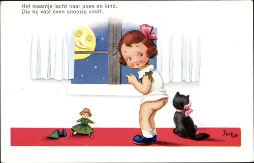 Künstler Ak Patt, J., Mädchen mit nacktem Po, Schwarze Katze, Puppe, Mondschein