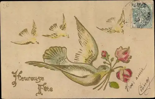 Foto Ak Glückwunsch, Heureuse Fete, Tauben im Flug, Rosen