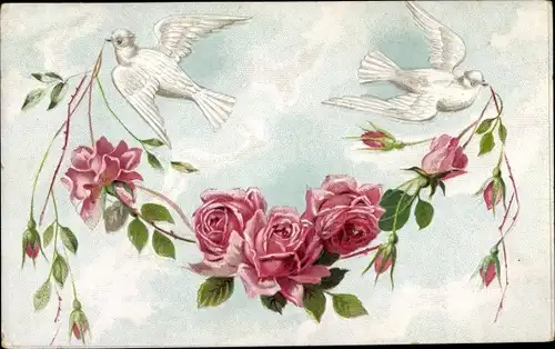 Präge Ak Taube mit Rosen im Schnabel