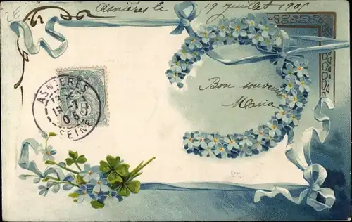 Präge Ak Vergissmeinnicht, Schleife, Hufeisen, Glücksklee