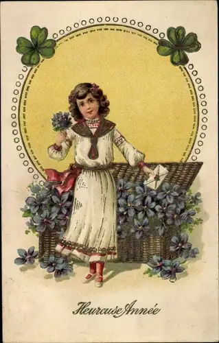 Präge Ak Glückwunsch Neujahr, Mädchen, Blumen, Truhe, Glücksklee
