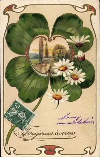 Präge Ak Toujours avous, Glücksklee, Margeriten