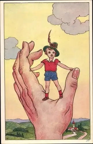 Künstler Ak Der kleine Däumling, Klein Duimpje, Menschliche Hand
